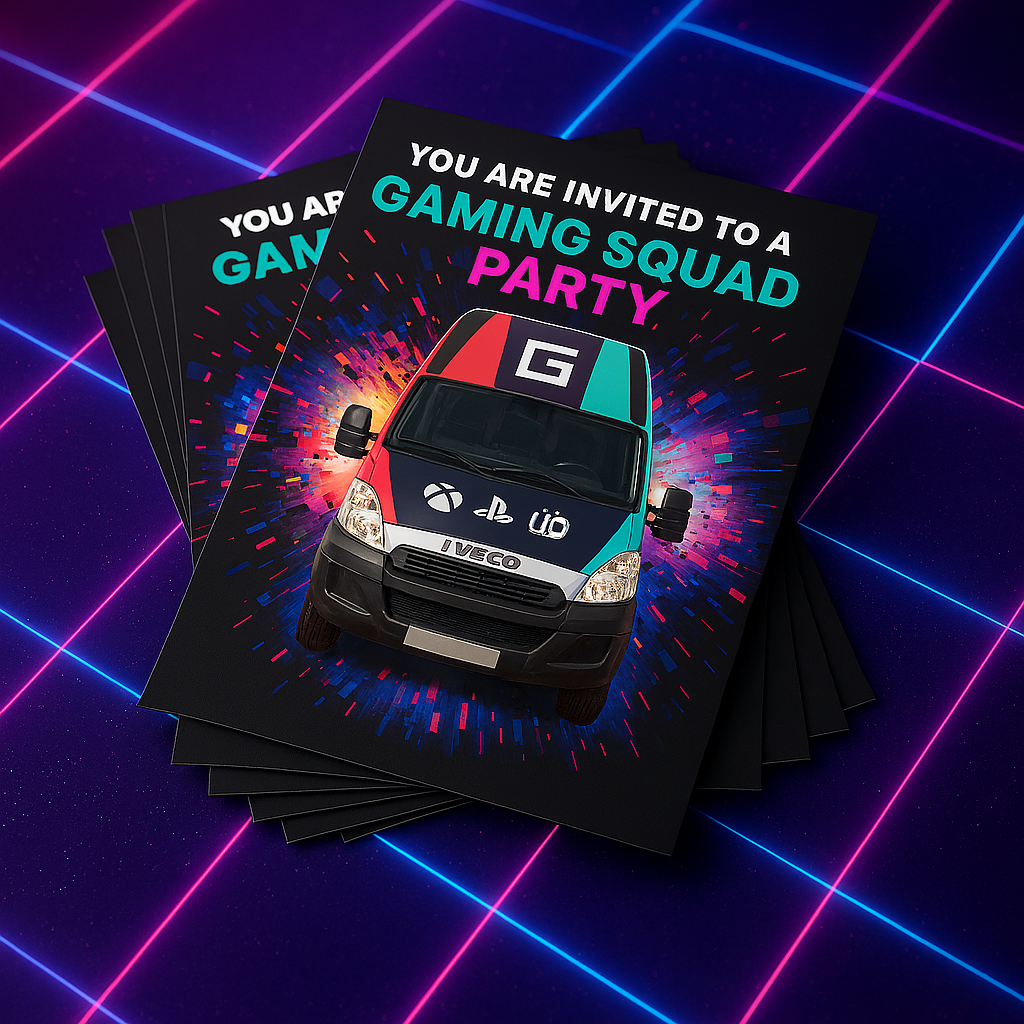 Gaming Squad van bus South Wales Birthday party provider invitations
